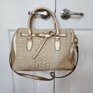 AIMEE KESTENBERG METALLIC GOLD QUILTED GENUINE LEATHER SATCHEL CROSSBODY BAG
